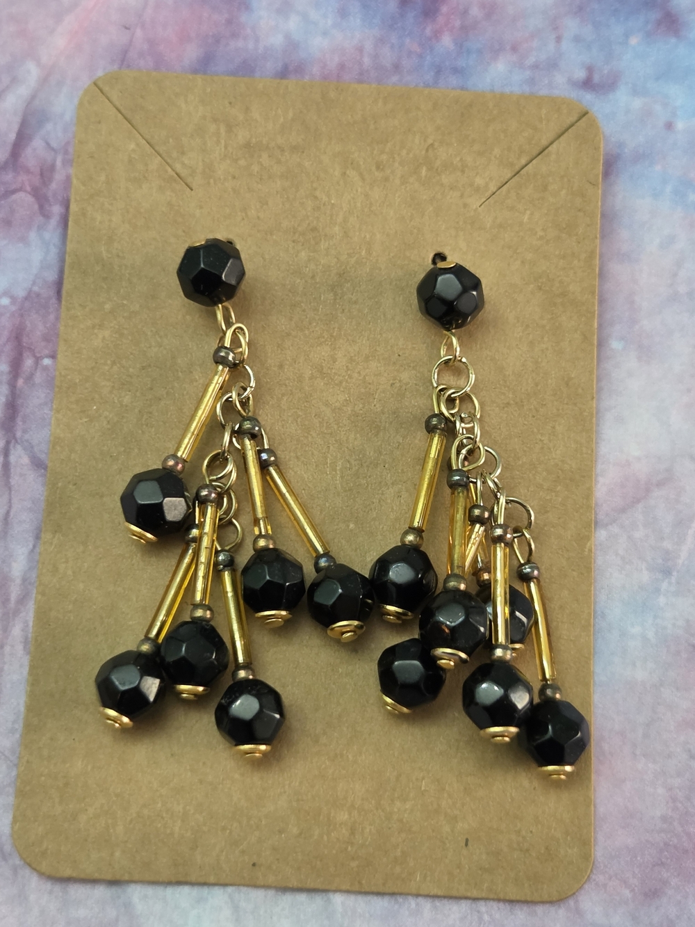 Gold and Black Beaded Dangle Earrings